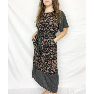 ROOLEE | Women's Large Black Floral Midi Length Dress Polka Dot Short Sleeves